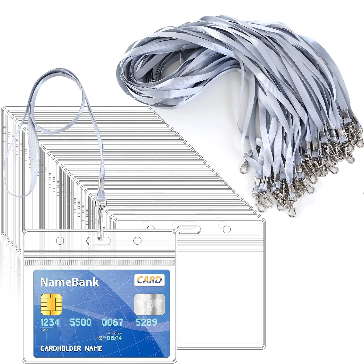 15pcs Silver Gray Lanyards for Neck with 15pcs Card Holder, Clear Plastic ID Card Holder and Lanyard, Horizontal Sealable Waterproof Name Badge Holders with Lanyard for ID Cards, Office, School