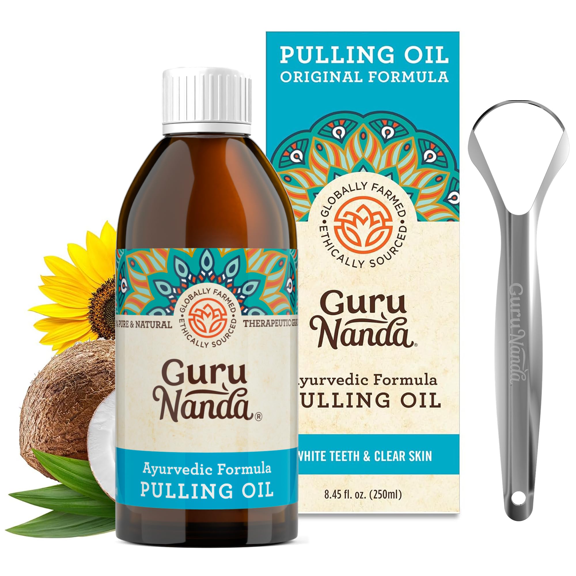 GuruNanda Original Oil Pulling with Tongue Scraper, Alcohol & Fluoriode Free Mouthwash for Teeth & Gum Health & Fresh Breath (Unflavoured), 250 ml