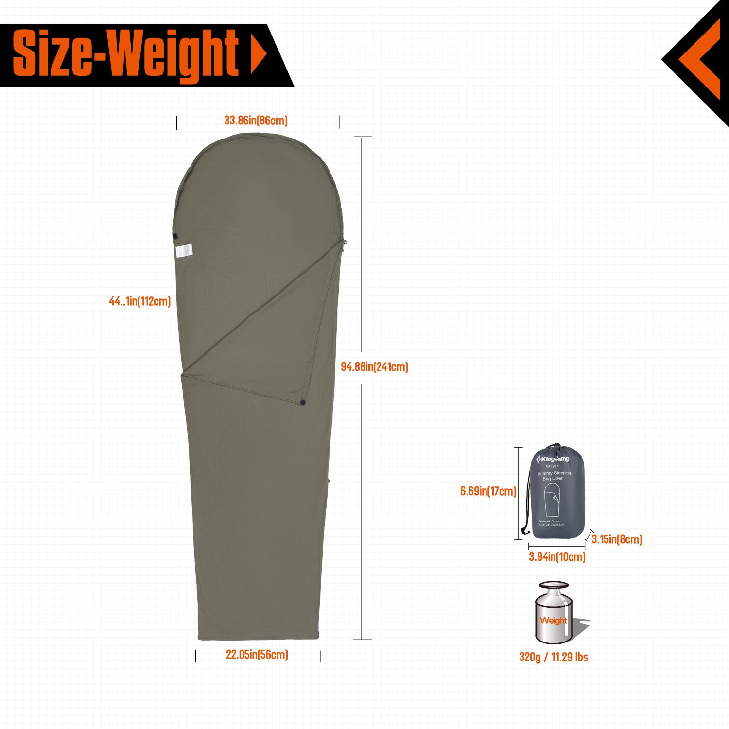 KingCamp Portable Green Cotton Mummy Sleeping Bag Liner for Traveling, Hiking, Camping, Trekking and Hotel