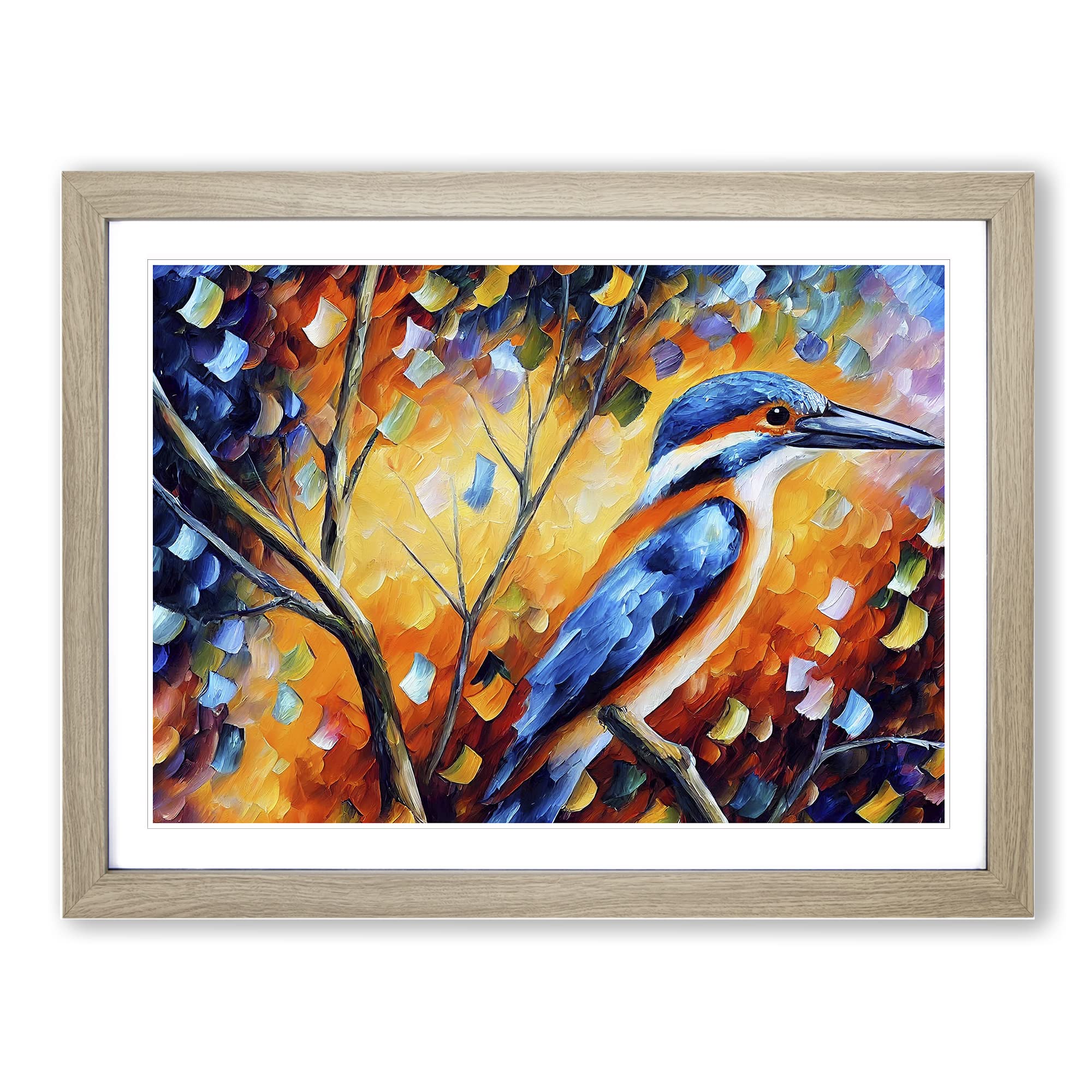 Kingfisher Bird Painting Vol.5 Abstract Framed Print | A4 Oak Framed Wall Art | Ready to Hang | Abstract Historical Picture | Living Room Bedroom Lounge Office