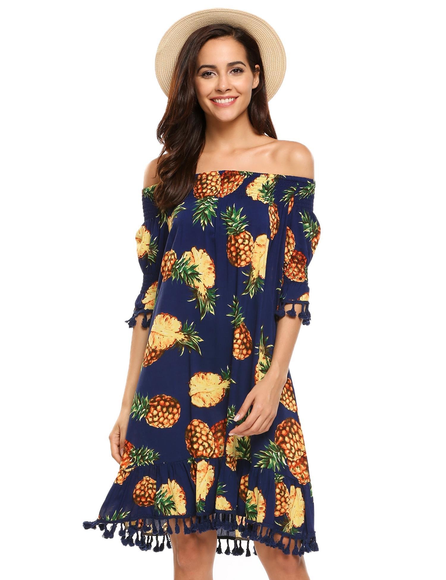 Beyove Women\'s Off Shoulder Tassel Trim Pineapple Printed Summer Party Dress,M