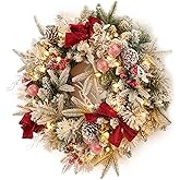 AMERZEST Pre-lit Snow Christmas Wreath with Red Balls,Berries and Bows,24 Inch 50 Battery Operated LED Lights,Holiday Decoration for Front Door Outdoor
