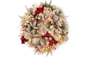 AMERZEST Pre-lit Snow Christmas Wreath with Red Balls,Berries and Bows,24 Inch 50 Battery Operated LED Lights,Holiday Decoration for Front Door Outdoor