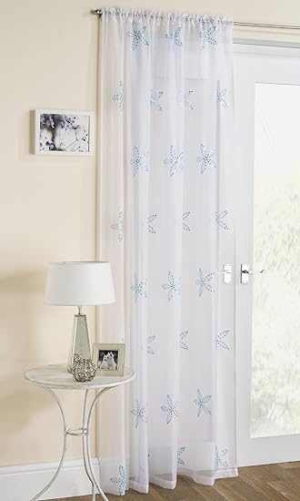 White Sheer Voile With Duckegg Blue Star Petal Flower Design