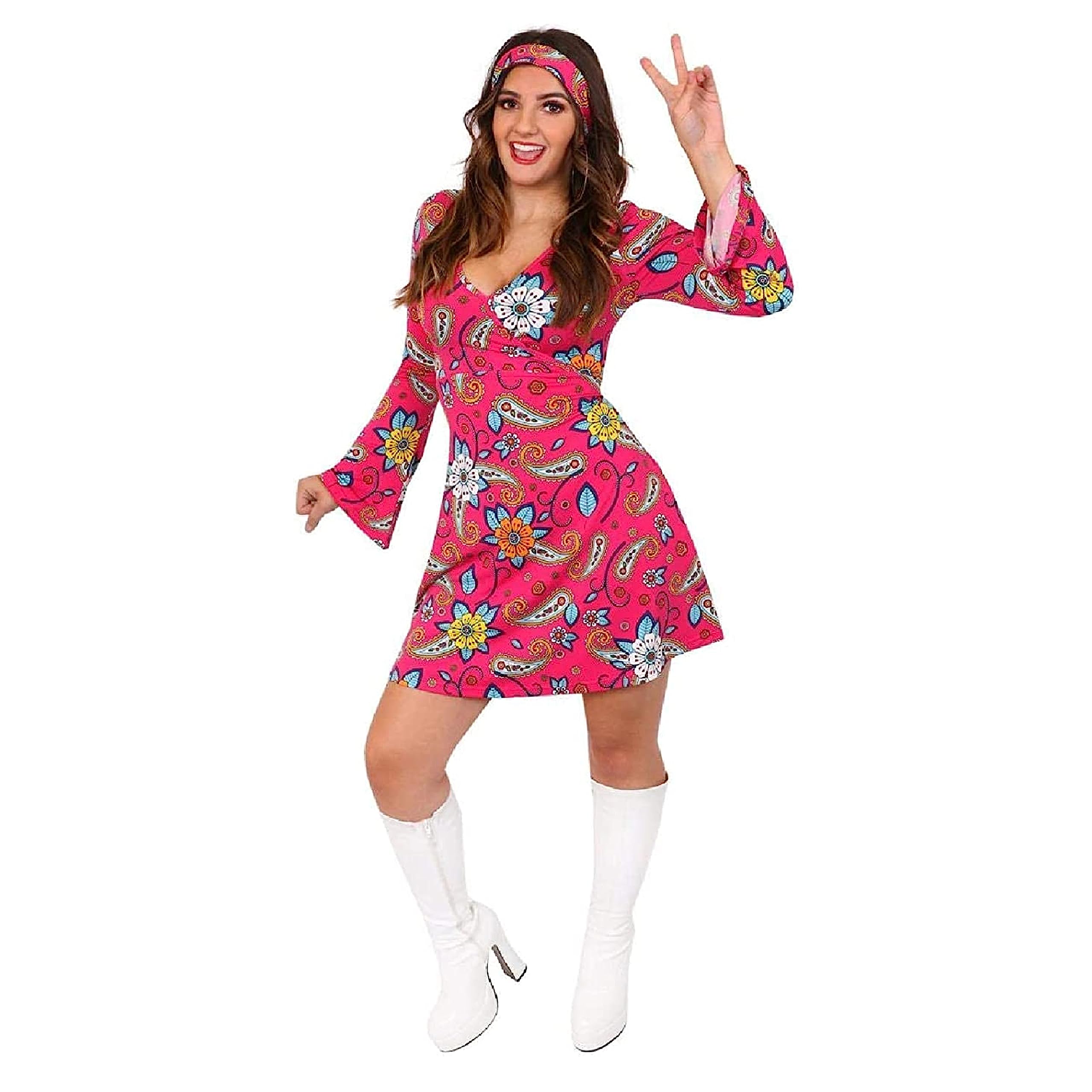 60's Floral Hippy Dress - Pink Floral Paisley - Small - Matching Go-go Headband - Perfect for 60's Fancy Dress