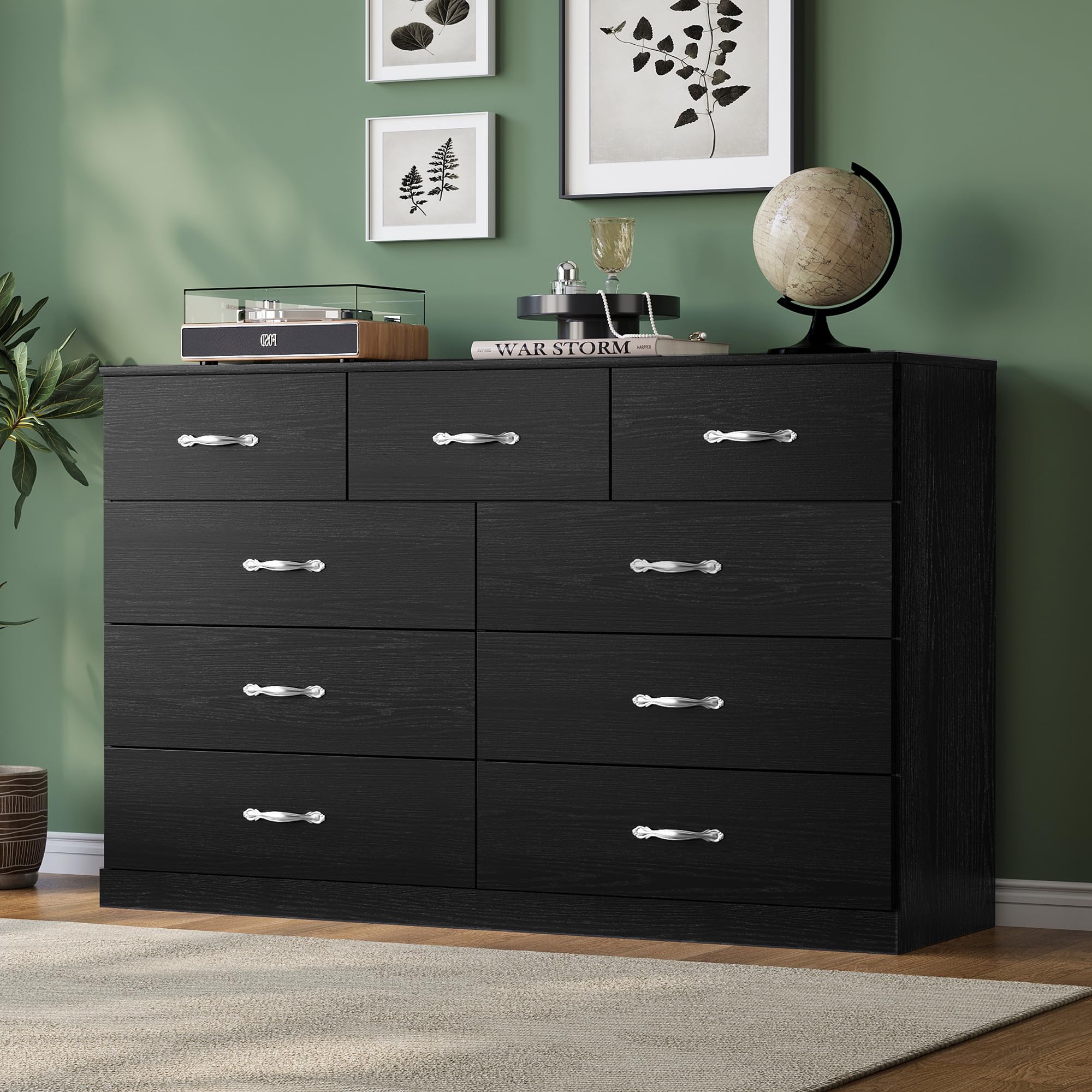 Photo 1 of **MINOR DAMAGE**LINSY HOME 9 Drawer Dresser for Bedroom, 54" Wide Chest of Drawers, Modern TV Stand Dressers with Wood Frame and Metal Handles, Large Drawer Organizer for Bedroom, Living Room, Black