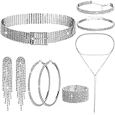 Tondiamo 7 Pieces Women Rhinestone Jewelry Set Crystal Belt Shiny Diamond Choker Necklace Bangle Bracelet Tassel Dangling and hoop Earring for Wedding Bridal Party Accessories