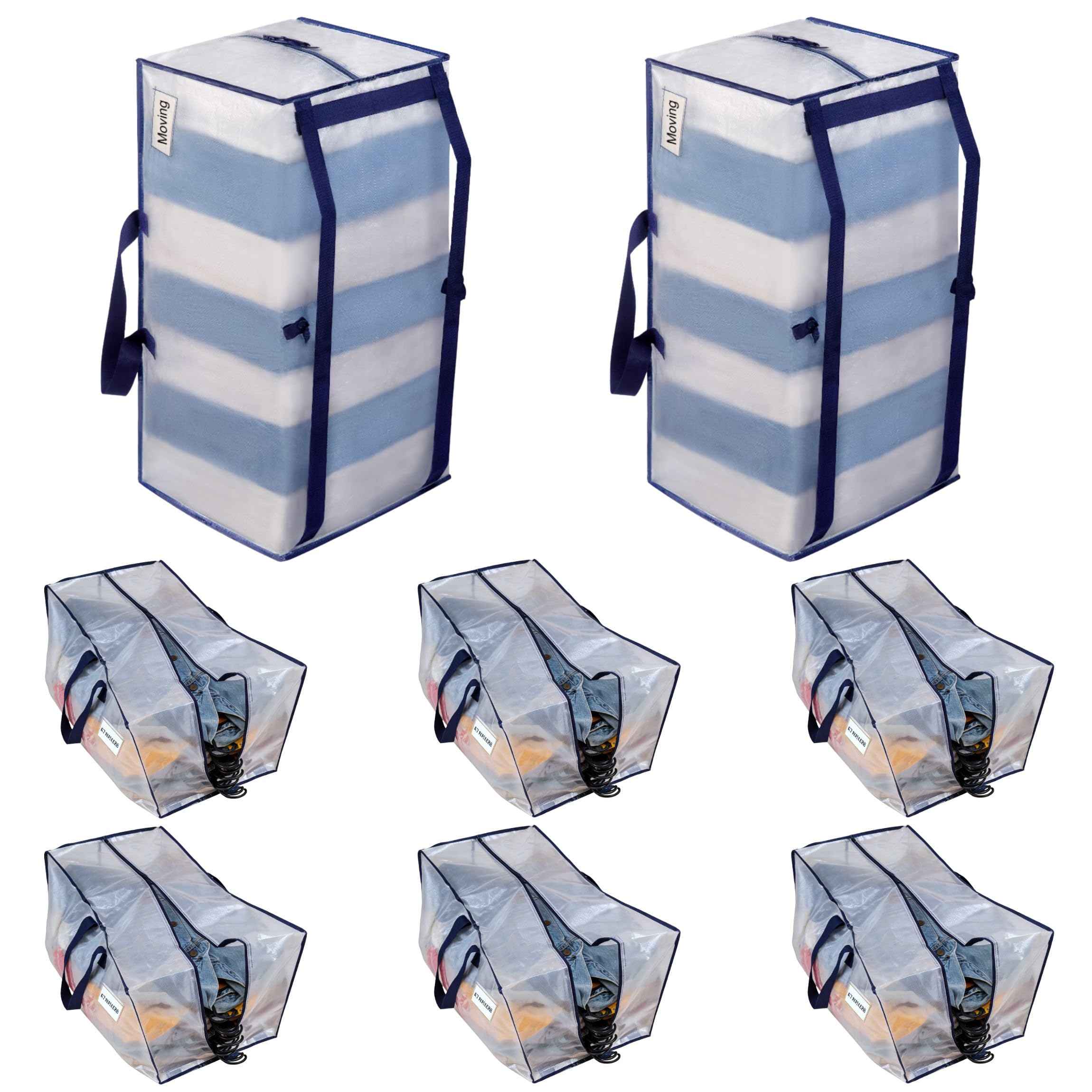 VENO 8 Pack Heavy-Duty Moving Bags Extra Large W/Backpack Straps, Moving House Essentials, Strong Handles & Zips, Clothes Storage, Packing, Laundry Bags, Reusable and Sustainable (Clear, 8 Pack)