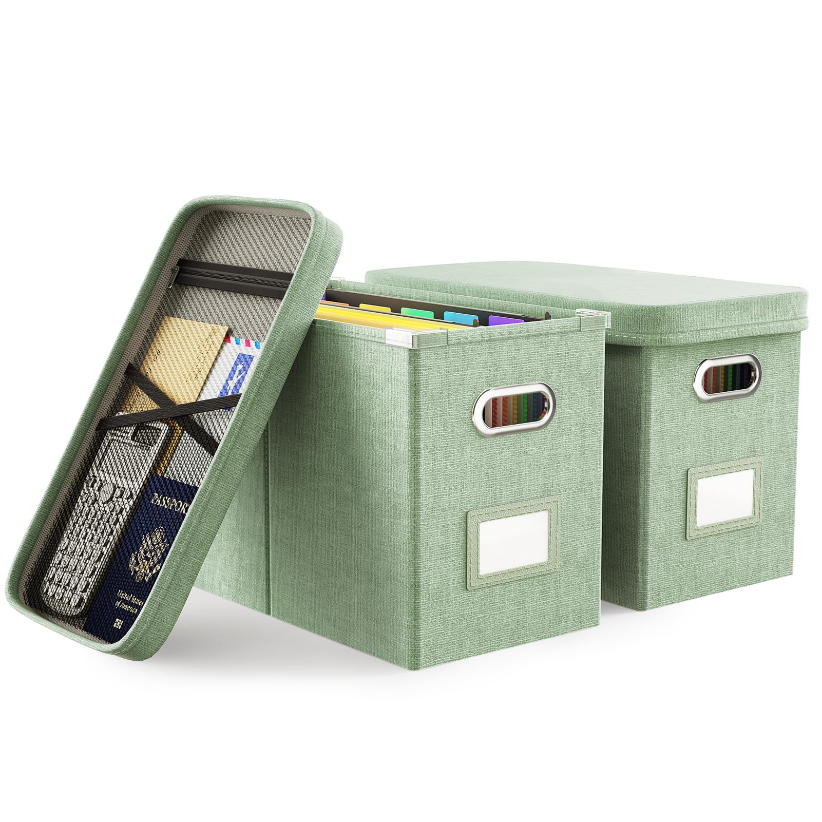 Photo 1 of Oterri Hanging Filing File Box with Mesh Pocket, File Organizer Box with Lid, Collapsible Document Organizer Box for Letter Size, Easy Slide Durable Storage Box for Office/Decor/Home (2 PCS, Green)
