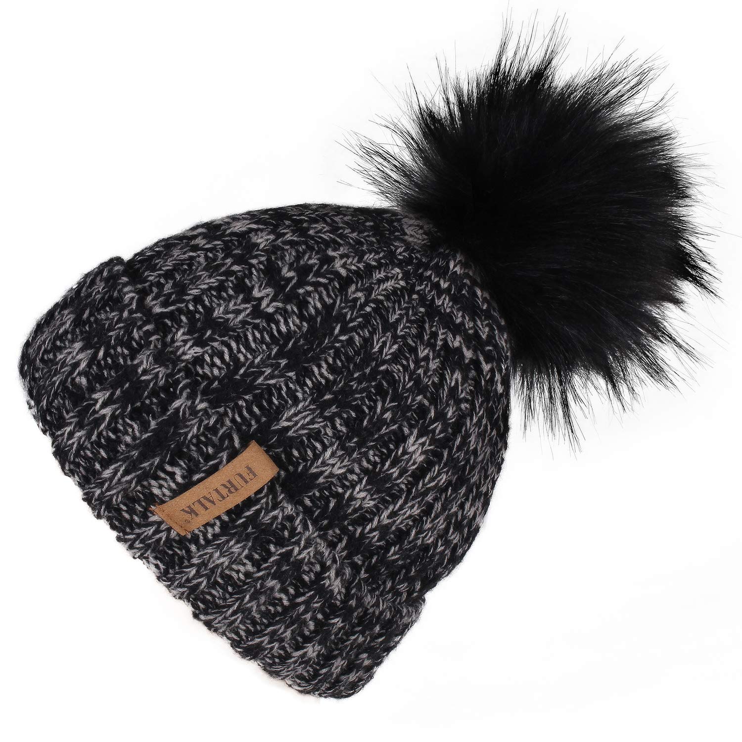 Kids Winter Knitted Pom Beanie Bobble Hat Cotton Lined Faux Fur Ball Pom Pom Cap Unisex Kids Beanie Hat…