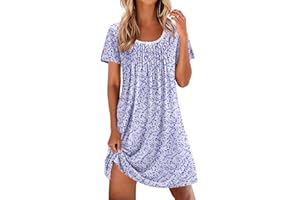 Ekouaer Nightgowns for Women Pleated Sleep Shirts Short Sleeve Night Shirts Lace Trim Night Gown Ladies Sleep Dress