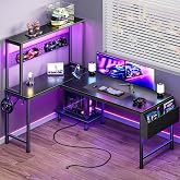 PRAISUN L Shaped Gaming Desk with LED Lights &amp; Power Outlets | Reversible Computer Desk with Storage Shelves &amp; Bag, Large Corner Home Office Desk with Pegboard for Work from Home, Black