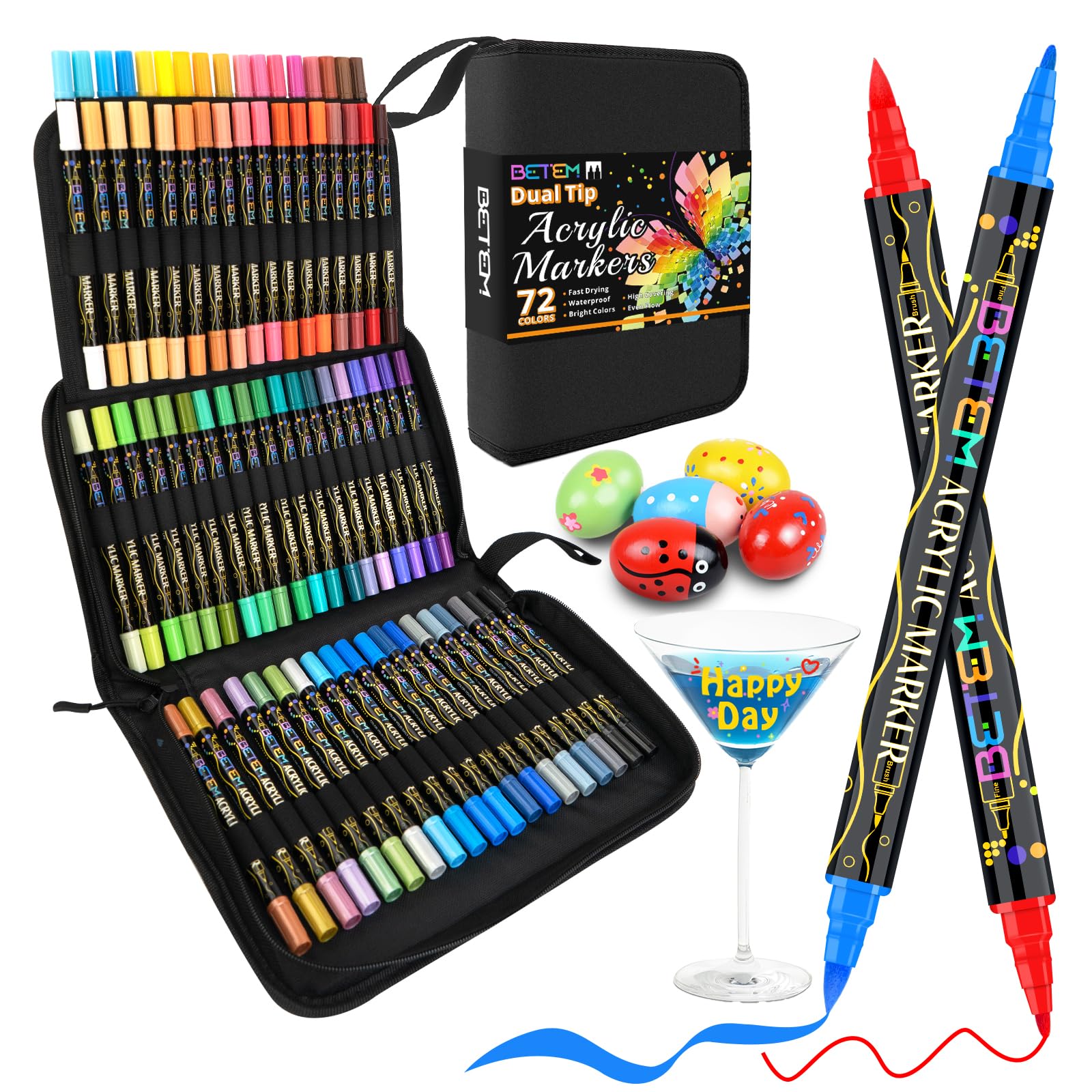 Betem Paint Markers Acrylic Paint Pens, Dual Tip 72 Colors Acrylic Markers with Brush Tip and Fine Point, Art Supplies for Wood, Canvas, Stone, Glass, Rock Painting Kit DIY Crafts Drawing Kit with Bag