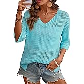 Rapbin Women's Crochet V Neck Beach Cover Up 3/4 Sleeve Hollow Out Knitted Pullover Sweater