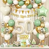 50th Birthday Decorations for Women Men,Sage Green Birthday Balloons Happy 50th Birthday Banner 50 Foil Balloon with Birthday Cake Topper Fringe Curtain for 50 Year Old Party Decoration