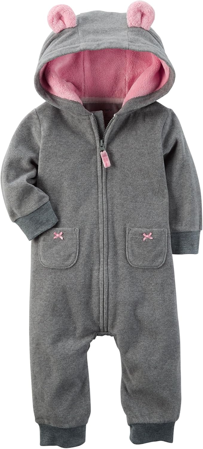 Carter's Baby Girls Fleece Hooded Romper Jumpsuit, Gray