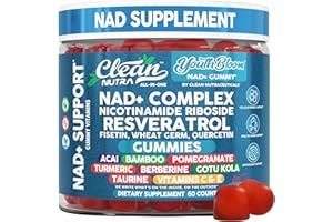 CLEAN NUTRACEUTICALS Youth Bloom NAD+ Supplement Gummies Resveratrol Fisetin Wheat Germ Berberine Taurine Turmeric Collagen Astaxanthin Nicotinamide Gotu Kola Pomegranate Vitamin C & E Longevity 60 Ct by Clean Nutra