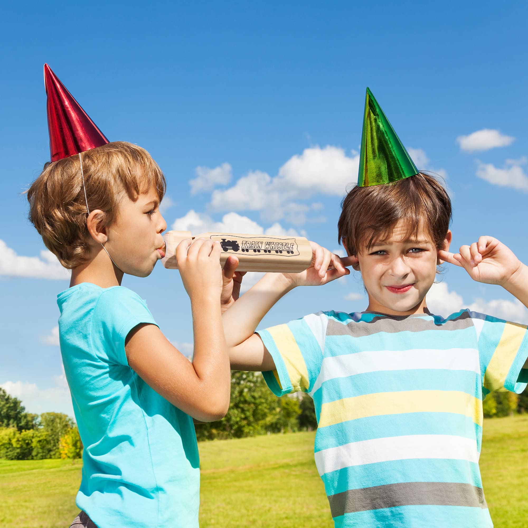 Tatuo 2 Pcs 7.4 Inch Train Whistles for Kids Wooden Train Whistle 4 Tones for Party Favors Party Noisemaker Random Style