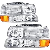 Headlight Assembly Crystal Compatible with 99-02 Chevy Silverado 00-06 Suburban Tahoe Halogen Headlights Replacement, Chrome Housing Amber Reflector