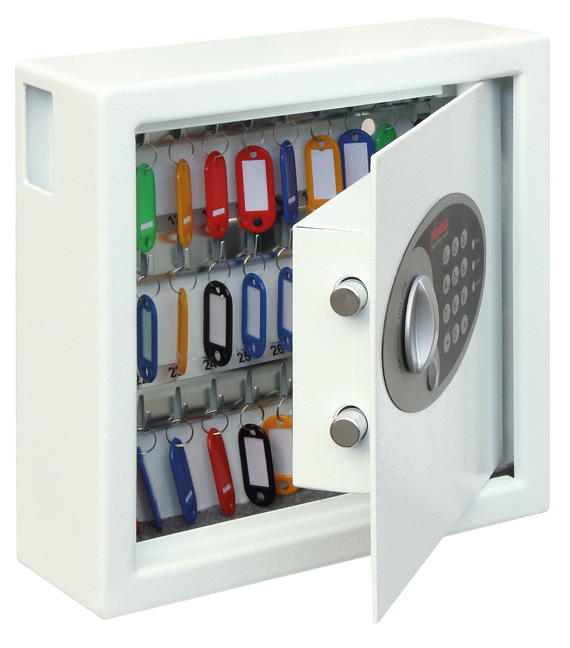 Phoenix Safe Company – KS0031E Phoenix Cygnus Key Deposit Safe- 30 Hooks - Electronic Lock - Key Holder Wall Mounted - Scratch Resistant White Paint Finish - 6.5 Litres - 6.5kg