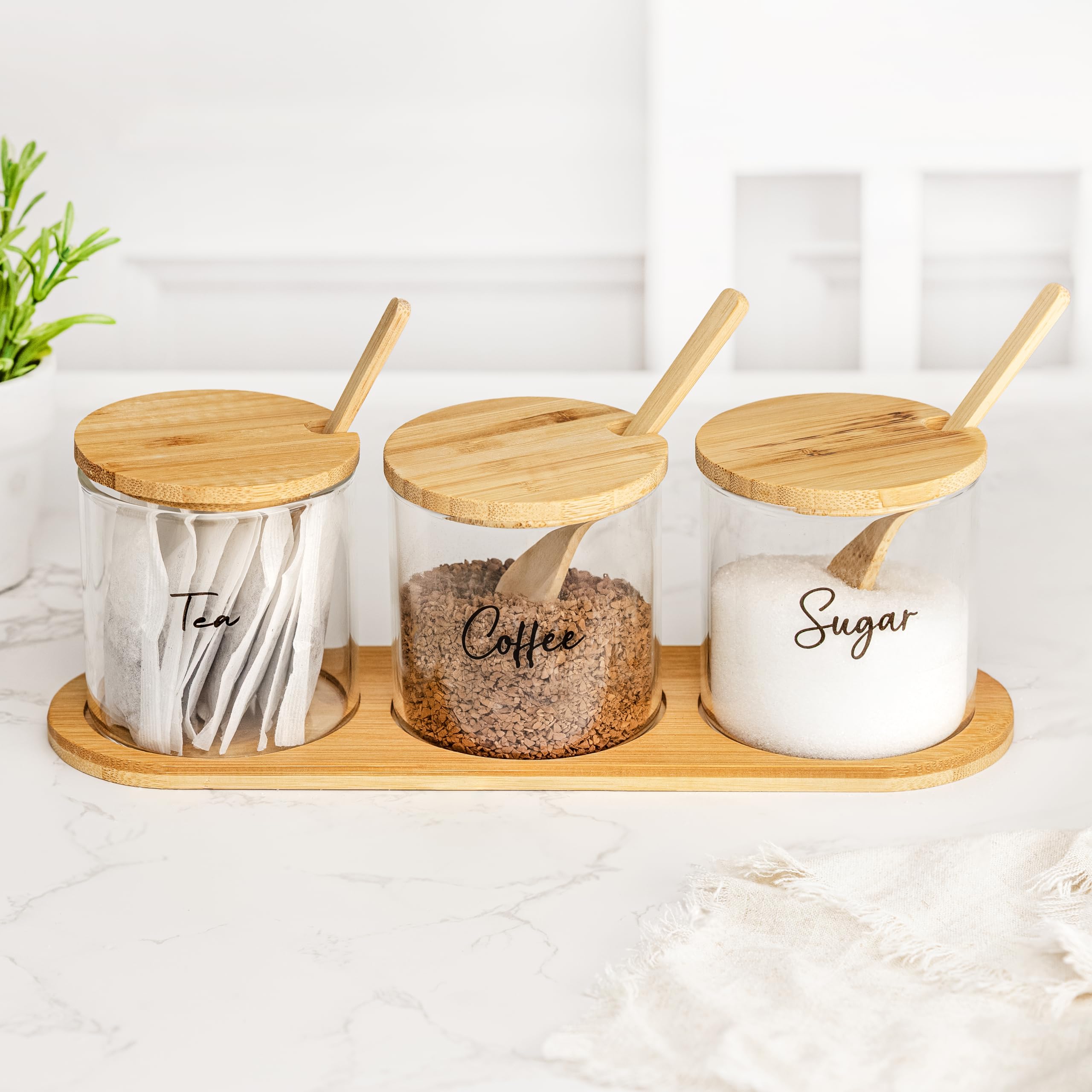 Marco Paul Glass Storage Jars Set of 3 with Bamboo Lids, Wooden Spoons & Stand Hot Drink Station Kitchen Canister Set for Tea Coffee Sugar Glass Food Containers for Spices, Oats, Cereal, Snacks