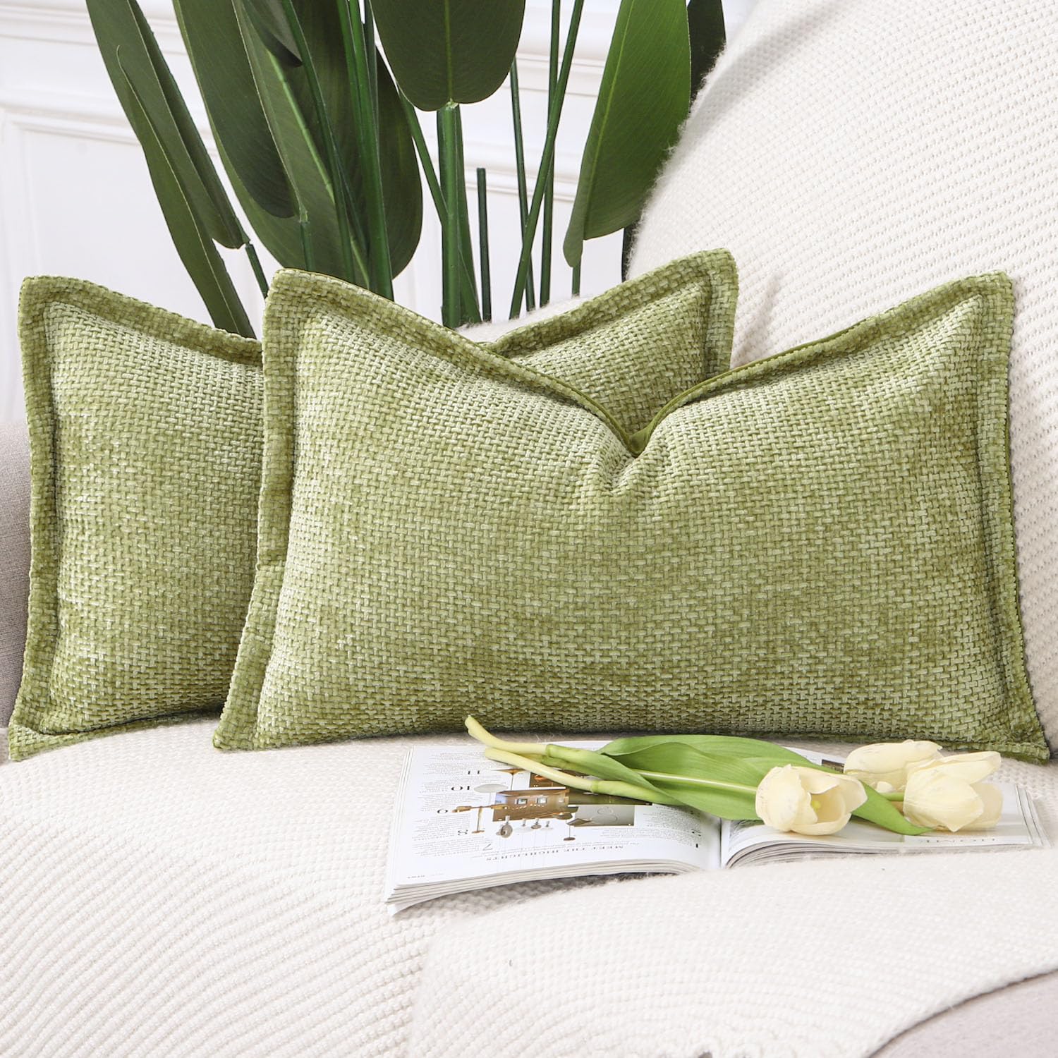 Madizz Set of 2 Chenille Velvet Cushion Covers with Flange Soft Boho Textured Throw Pillow Covers Broadside Pillowcases Modern Farmhouse Home Decor for Sofa Bedroom Light Green 12x20 inch, 30x50 cm