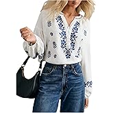 MakeMeChic Women's Boho Tops Floral Embroidery Notch V Neck Blouse Lantern Sleeve Shirt