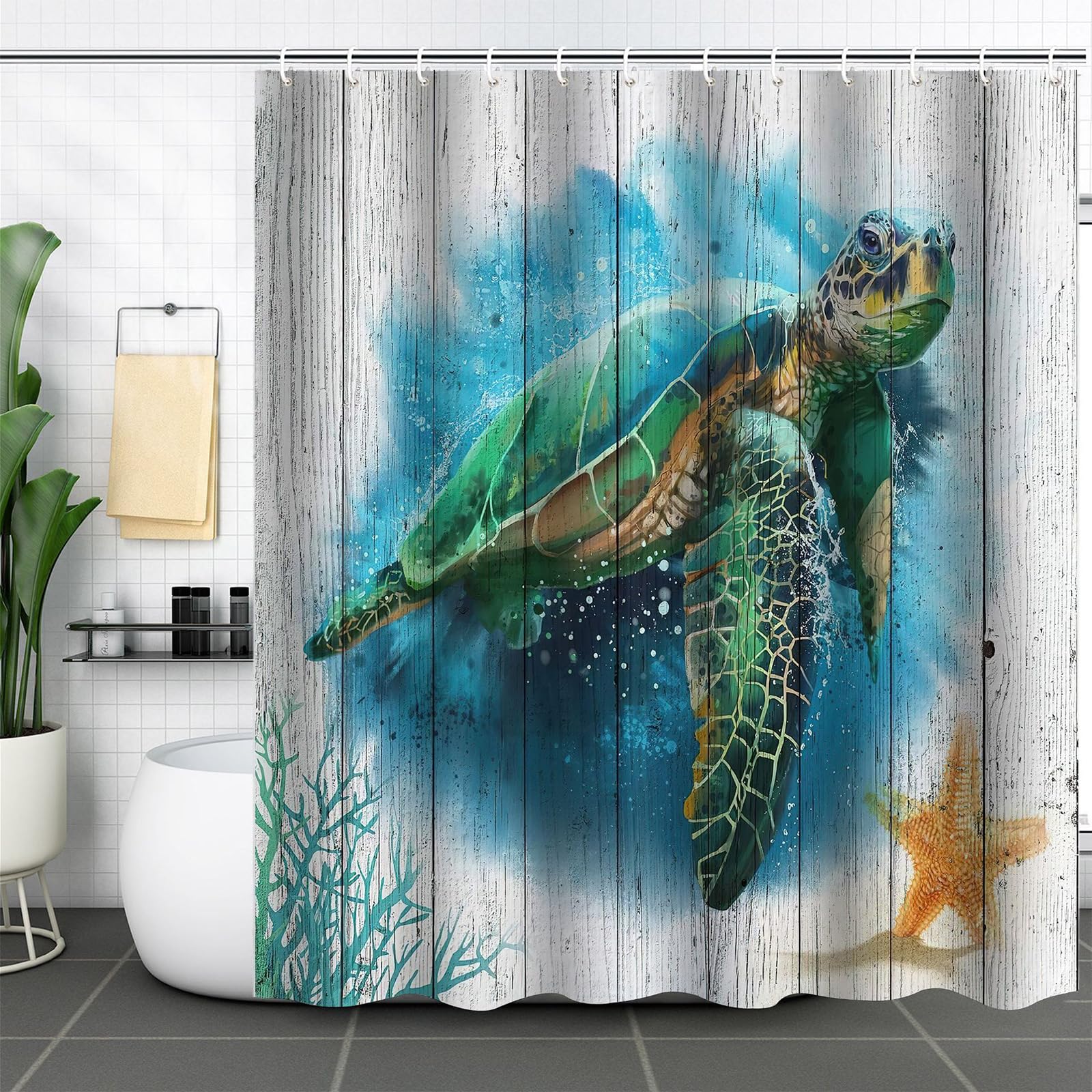 FAIRYGATE Weighted Shower Curtains Watercolor Sea Turtle Shower Curtain Tortoise Bathtub Vintage Cloth Fabric Waterproof Polyester Bathroom Home Decor Set with Hooks B9307