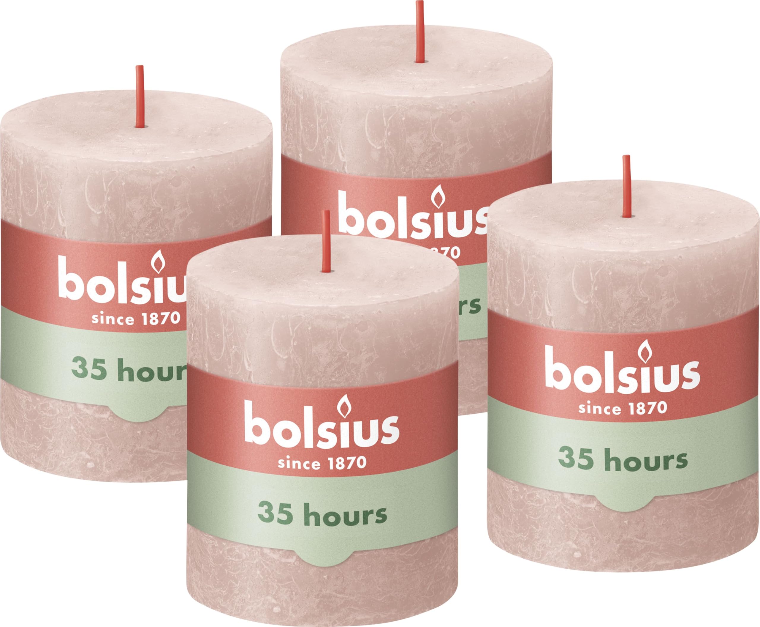 Bolsius Rustic Pillar Candle - Soft Pink - Pack of 4 - Long Burning Time of 35 Hours - Household Candle - Interior Decoration - Unscented - Natural Vegan Wax - No Palm Oil - 8 x 7 cm