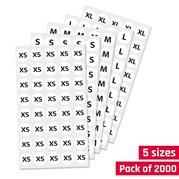 2cm Kleidung Größe Kreis Kleidergröße aufkleber Aufkleber Etiketten, 5 Größe (XS, S, M, L, XL) - 2000 Stück