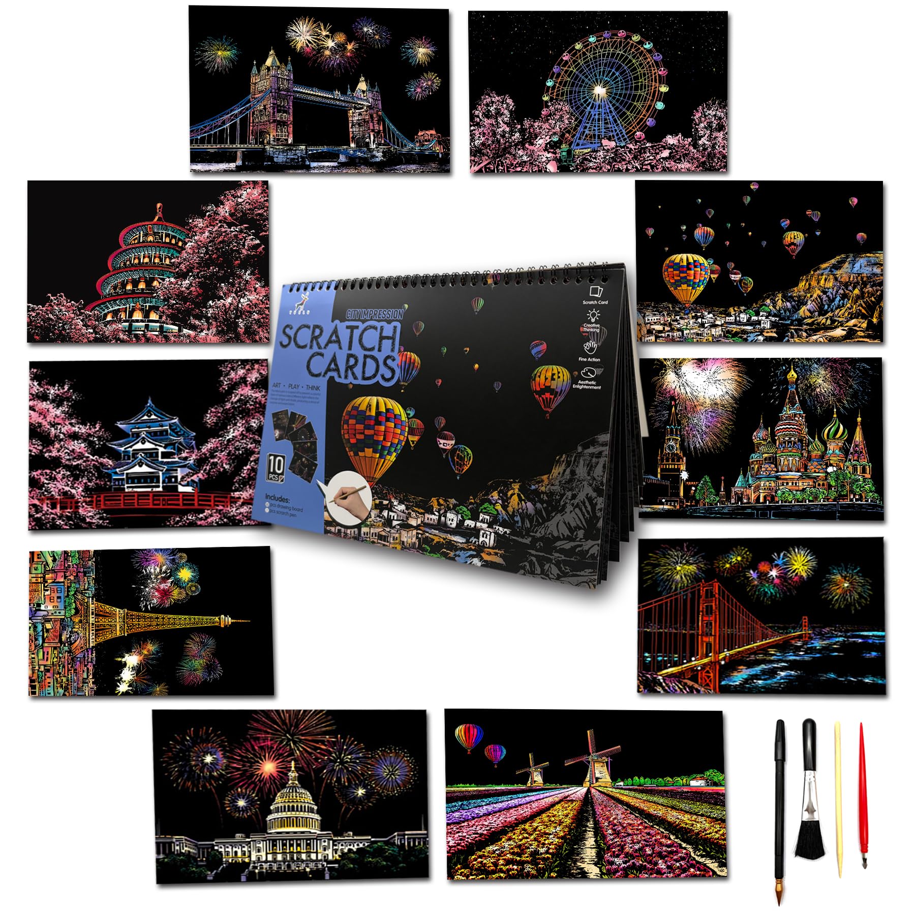 DESINIK Scratch Art Book for Adults-Rainbow Scratch Painting Art Kit, DIY Craft Kit with 1 Scratch Book and 4 Tools,Impression City Series — image 1