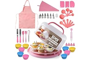 Perlli Kids Cake & Cupcake Baking Set – 51 Pieces Real Utensils & Decorating Kit with Carrier Safe Baking Supplies Gift for Junior Chefs Girls & Boys (Pink)