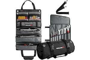 IRONLAND Tool Bag Roll Up, Heavy Duty Tool Organizer for Men Portable Tool Storage Box with 5 Detachable Zipper Pouch and Wrench Pouch - Gifts for Dad Tool Roll Organizer Adjustable Shoulder Strap Black