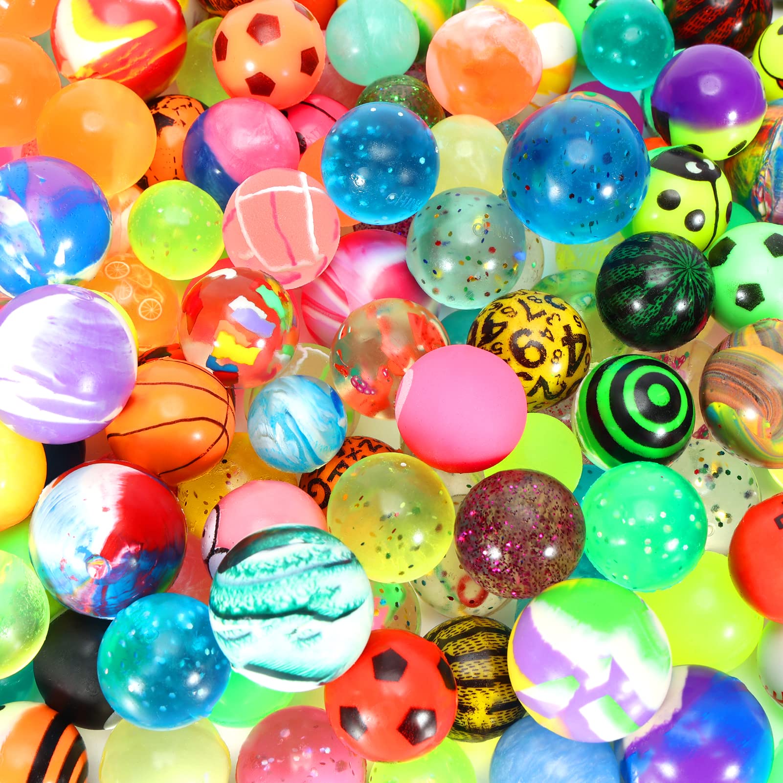 Pllieay 60 Pieces Colourful Bouncy Balls Bulk - Mixed Pattern Rubber High Bounce for Kids Party Favors, Prizes, Birthdays Gift (32mm, 27mm, 20mm)