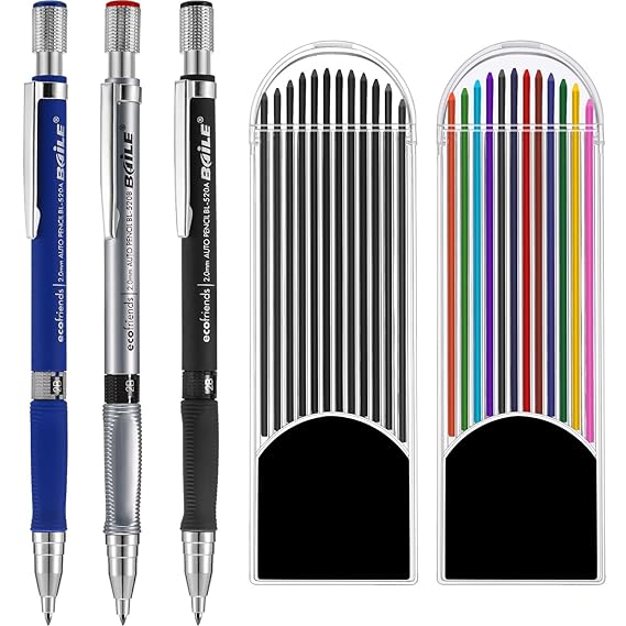 3 Stück 2,0 mm Druckbleistift mit 2 Hüllen Bleimine, Farbe und Schwarz Minen für Entwurfszeichnung, Schreiben, Basteln, Kunst