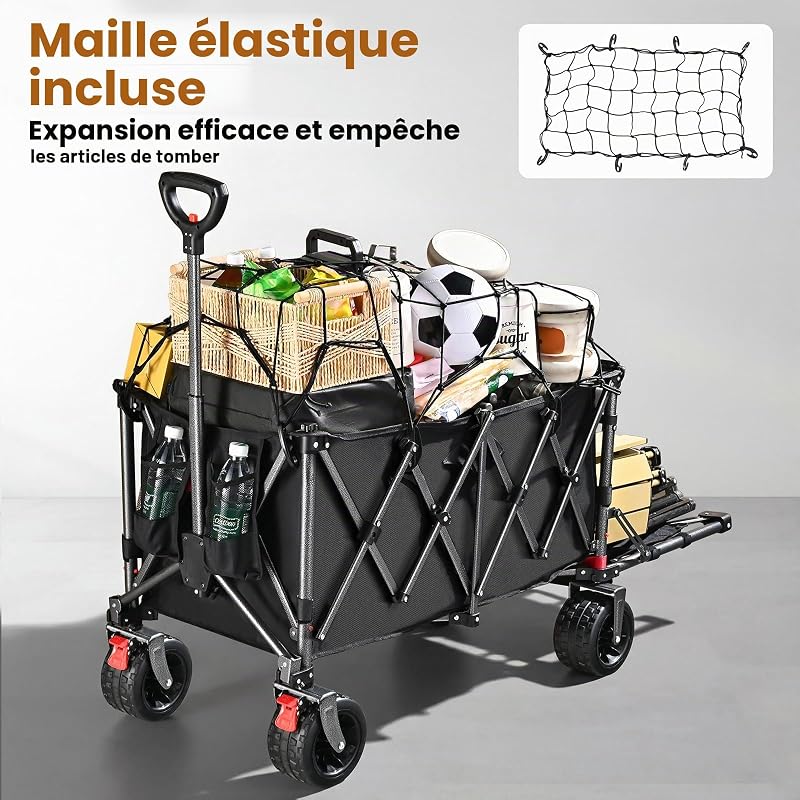 Chariot Pliable 260L 250KG, Roues Larges Tout-Terrain 17cm, Noir