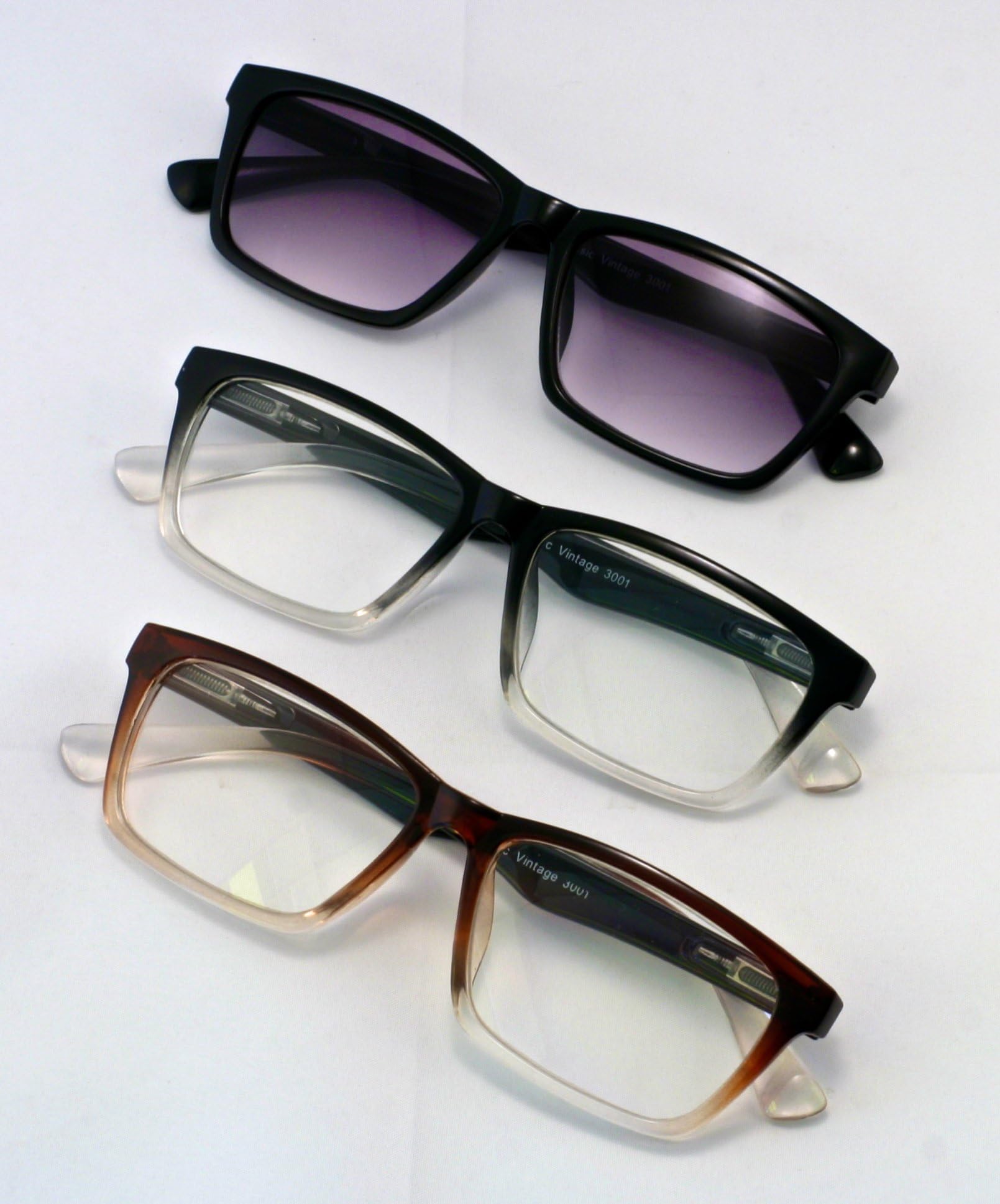 Value 3-Pack Vintage Geek / Nerd Wayfarer Style Reading Glasses including One Sun Reader, Classic Two Tone Big Rectangular Transparent Frame with Spring Hinges, in Brown and Black, +1.50, +2.00, +2.50, +3.00, AZ3001 (Strength + 2.00)
