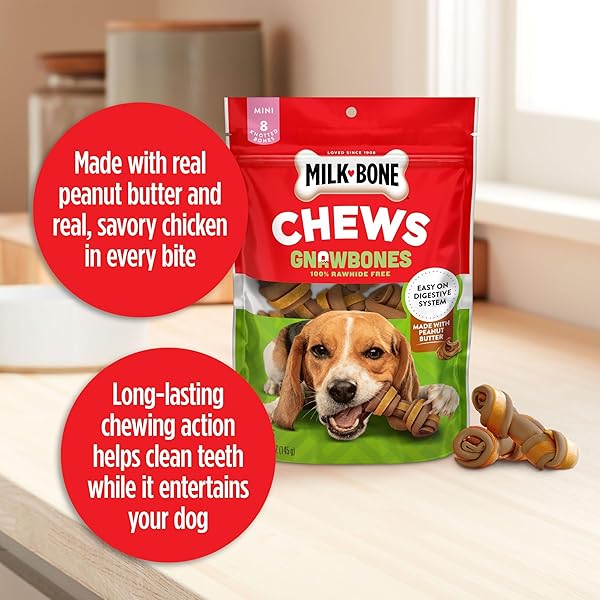 MILK-BONE CHEWS GNAWBONES RAWHIDE FREE DOG TREATS, PEANUT BUTTER & CHICKEN, 16 LONG LASTING MINI KNOTTED BONES