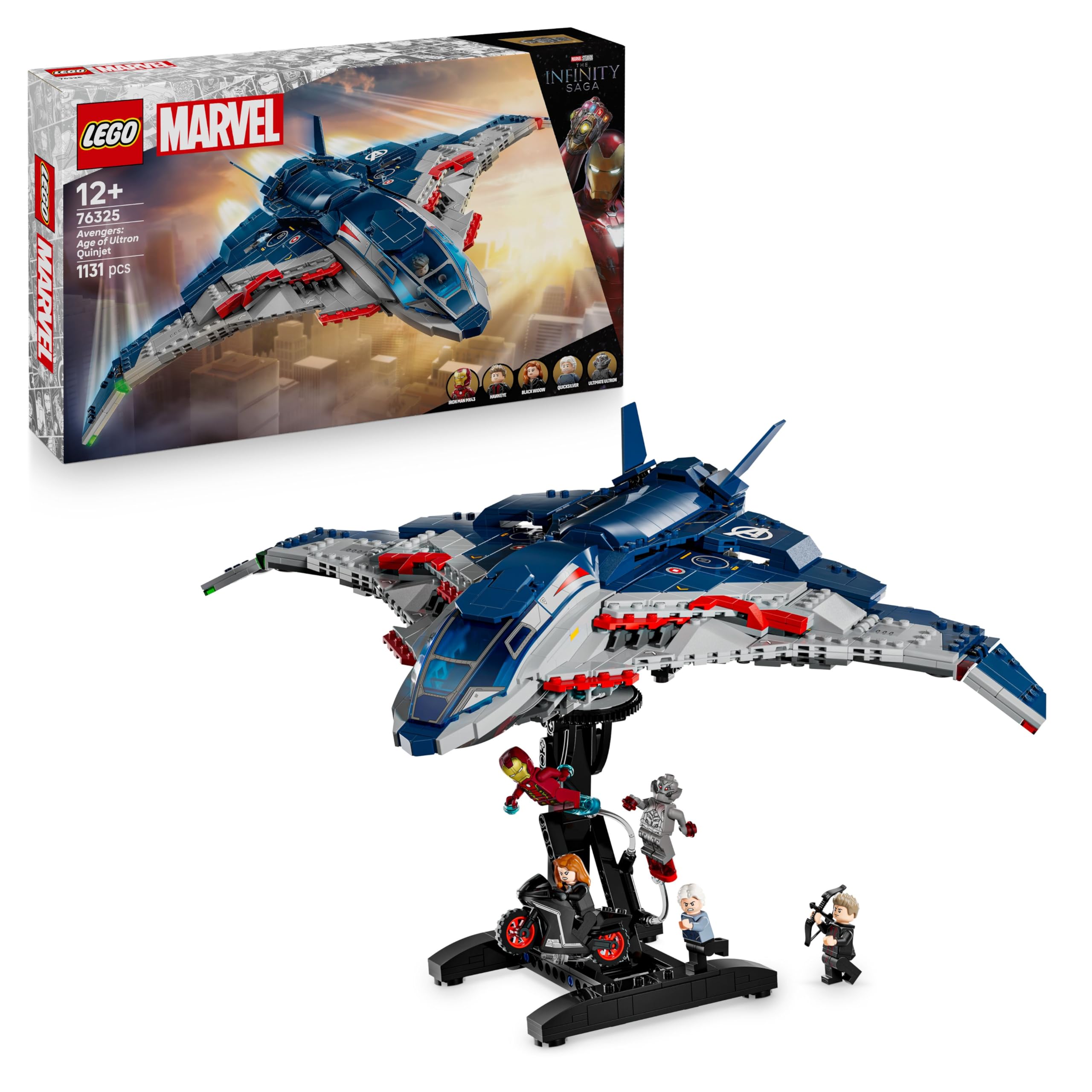 LEGO | Marvel Quinjet Avengers: Age of Ultron - Aereo Giocattolo dei Supereroi con Moto e 5 Minifigure tra cui Iron Man, Black Widow e Ultron - Regalo per Bambini da 12 Anni in su e Fan Adulti - 76325