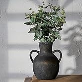 SIDUCAL Rustic Ceramic Farmhouse Flower Vase with 2 Handles, Terracotta Vase, Decorative Pottery Flower for Home Decor, Table, Wedding, Living Room, Shelf Decor, 7.3 Inch, Black Bronze