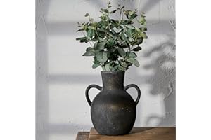 SIDUCAL Rustic Ceramic Farmhouse Flower Vase with 2 Handles, Terracotta Vase, Decorative Pottery Flower Vase for Home Decor, Table, Wedding, Living Room, Shelf Decor, 7.3 Inch, Black Bronze