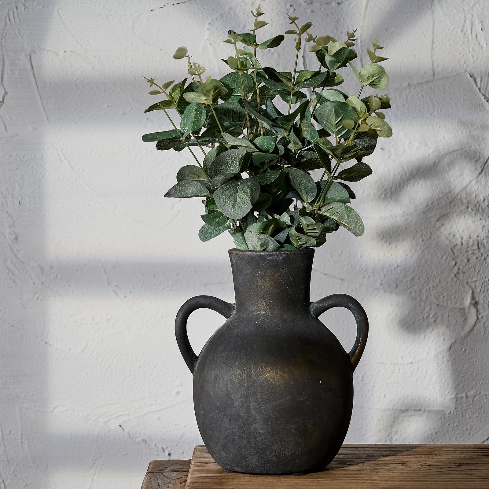 Photo 1 of SIDUCAL Rustic Ceramic Farmhouse Flower Vase with 2 Handles, Terracotta Vase, Decorative Pottery Flower for Home Decor, Table, Wedding, Living Room, Shelf Decor, 7.3 Inch, Black Bronze