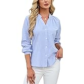 Blooming Jelly Womens Striped Button Down Shirt V Neck Long Sleeve Cotton Blouse Business Casual Trendy Fashion Work Tops