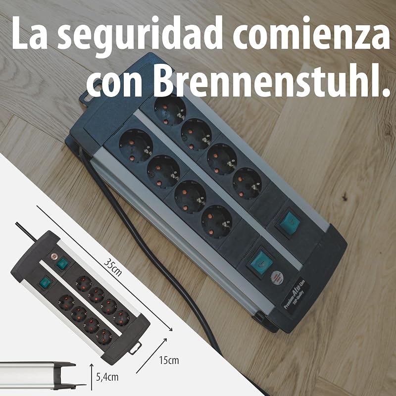 Premium-ALU-Line regleta enchufes con 8 Tomas y Interruptor Individual (regleta para Montaje en Pared, Cable de 3 m, 2X Interruptor Iluminado, Fabricado en Alemania)