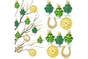 VABAMNA St. Patricks Day Decorations Shamrock Ornaments - 48pcs Shamrock Clover Gold Coins Horseshoe Tree Ornaments for Spring Lucky Irish Day St Patrick's Day Home Table Tree Party Hanging Decorations