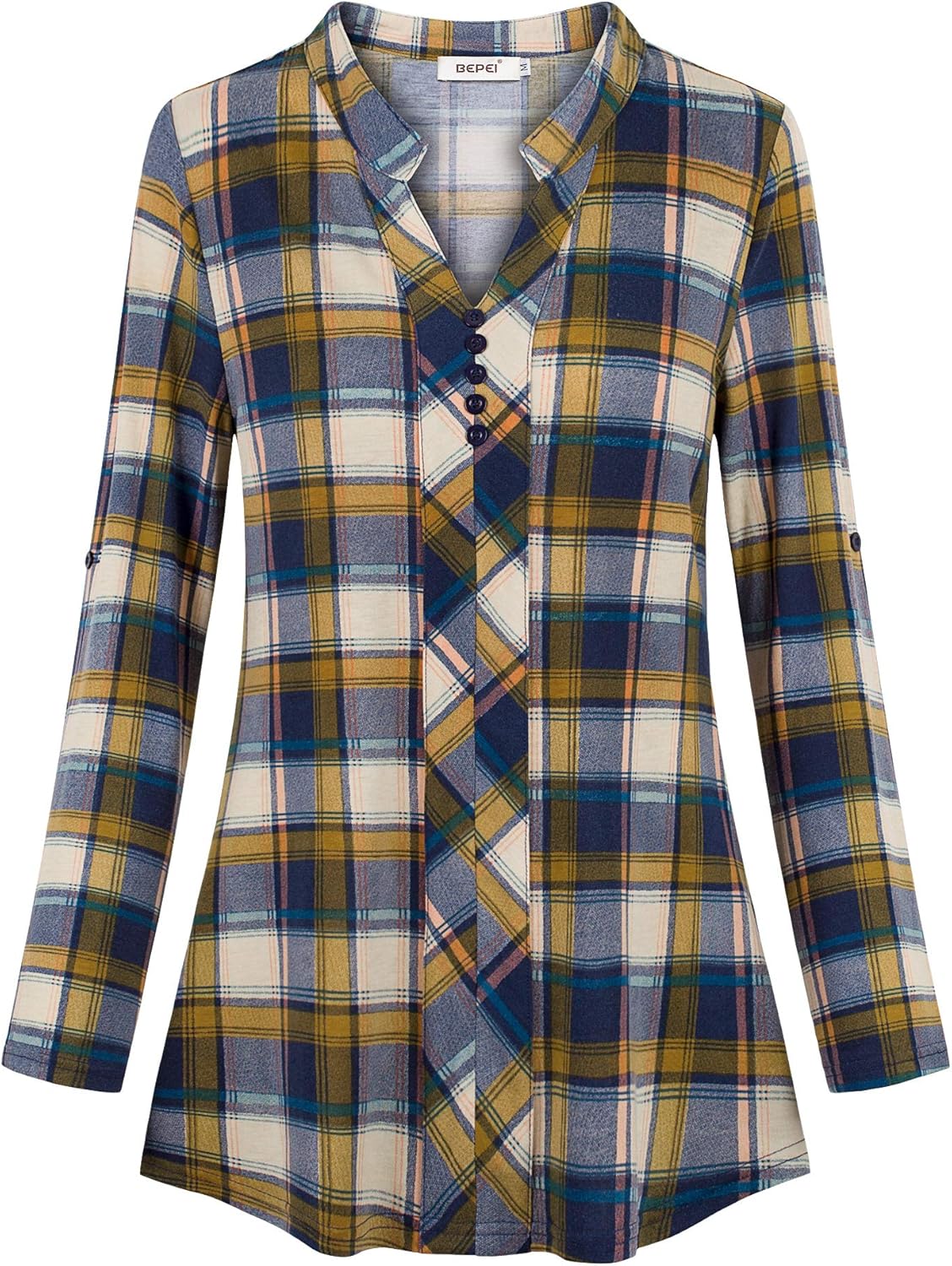 BEPEI Womens Roll-up 3/4 Long Sleeve Plaid Shirts Henley V Neck Casual Tunic Top: Clothing