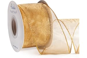 Ribbli Gold Organza Wired Ribbon, Old Gold Sheer with Metallic Edge,2-1/2 Inch x 20 Yards Christmas Tree Ribbon for Decoration Large Gift Wrapping,Wedding Decoration.