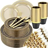 350PCS Clear Black Plastic Plates for 50 Guests, | Disposable Dinnerware Set for Party, Includes 100 Plastic Plates, 50 Pre Rolled Napkins with Gold Silverware, 50 Cups