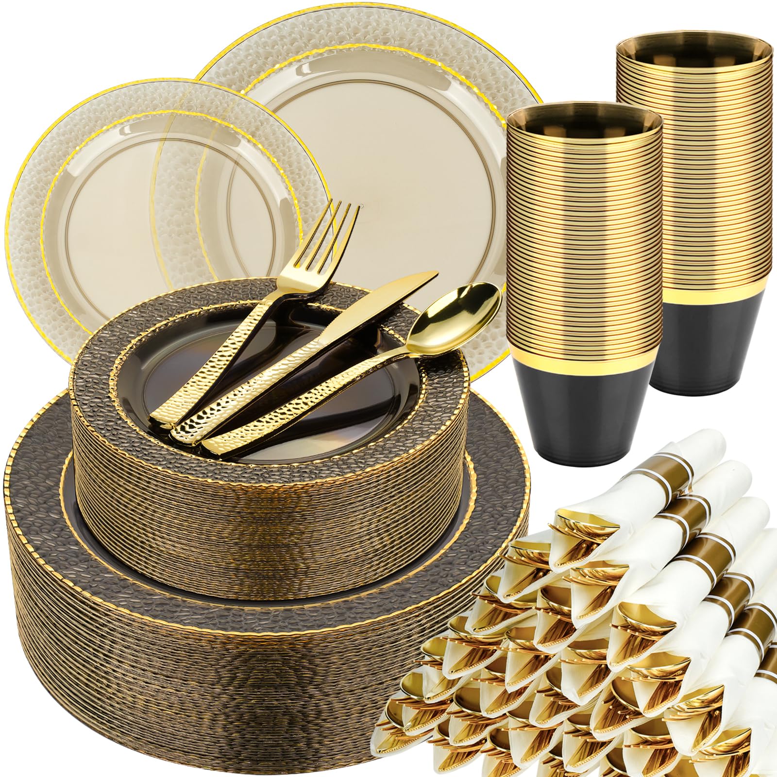 Photo 1 of 350PCS Clear Black Plastic Plates for 50 Guests, Disposable Dinnerware Set for Party and Graduation, Includes 100 Plastic Plates, 50 Pre Rolled Napkins with Gold Silverware, 50 Cups