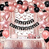 ZERODECO Birthday Party Decorations for Women, Rose Gold Black Happy Birthday Banner Tableware Fringe Curtain Foil Confetti Balloon Butterfly Sticker for Women Girls Princess Party